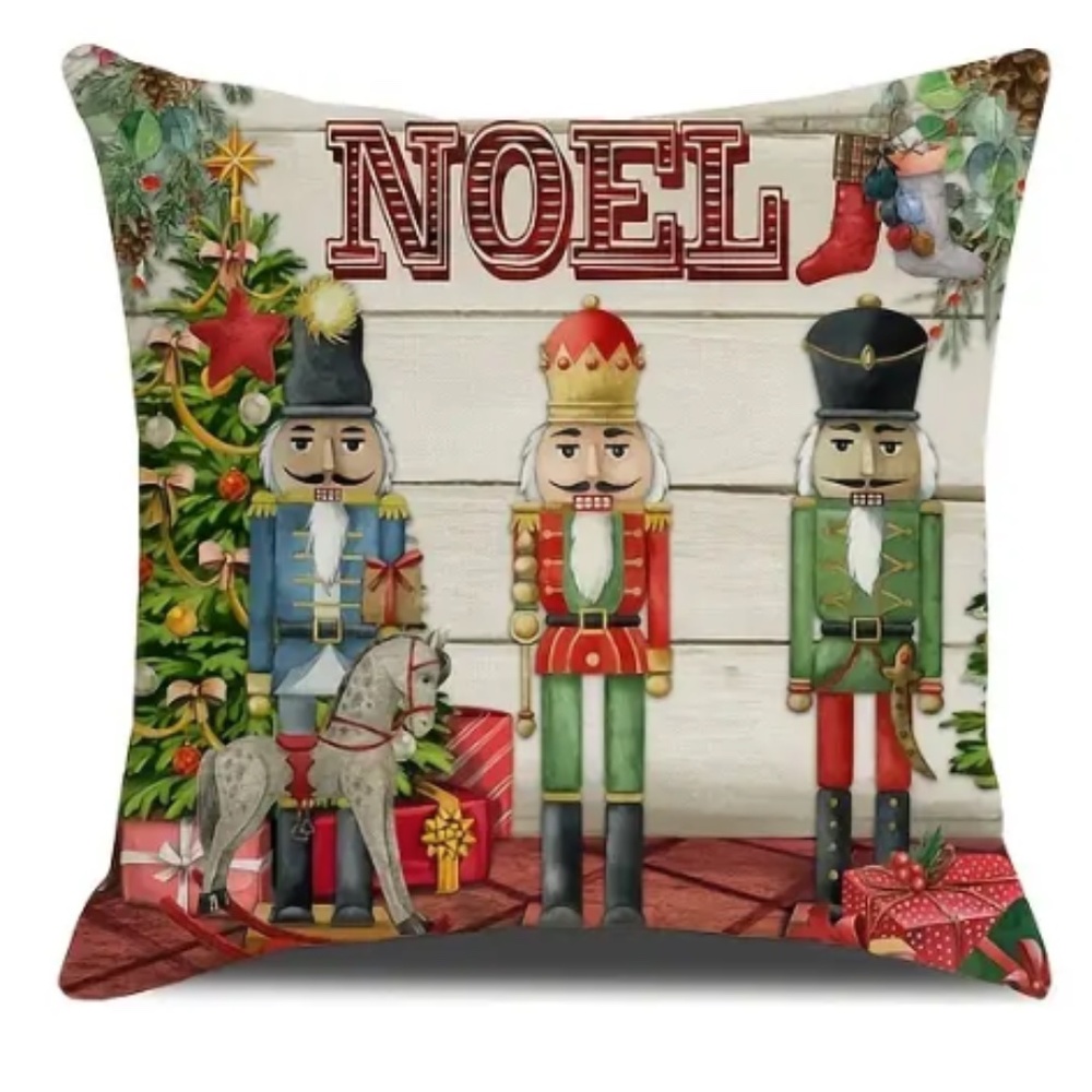 NEW HOLIDAY CHRISTMAS TREE STOCKINGS "NOEL" NUTCRACKERS LINEN PILLOW COVER 17.7"
